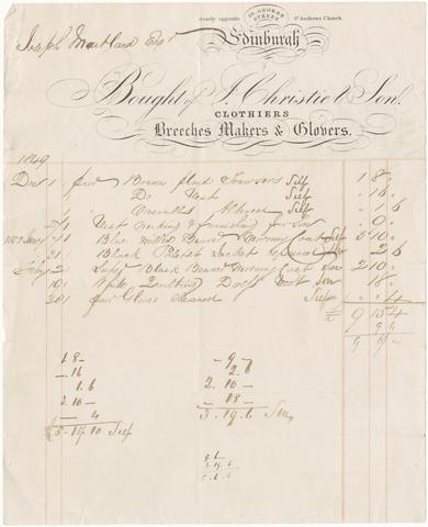 Billhead of J. Christie & Son, Edinburgh clothiers, for purchases by Joseph Markland, 1850.