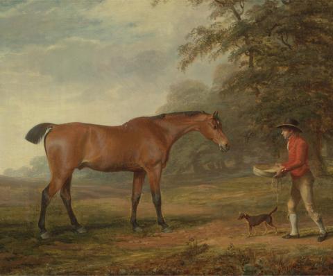 George Garrard A Bay Horse Approached by a Stable-Lad with Food and a Halter