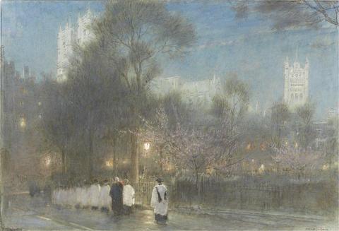 Albert Goodwin Evening with a Procession of Choir Boys Walking Towards Westminster Abbey