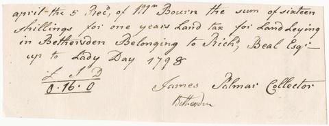 Land tax bill for William Bourn, April 5th, 1798.