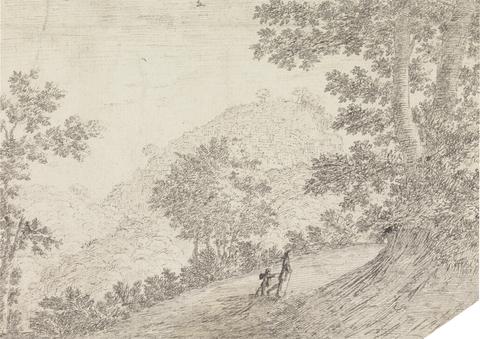 Henry Swinburne Wooded Landscape, Showing a View of a City, Built on a Hillside, in the background, and Two Figures Walking up a Dirt Path, in the Foreground