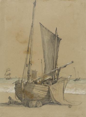Samuel Prout Fishing Boat on the Beach with a Brig at Sea