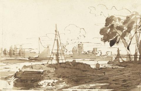 John Varley Ships on a River with Buildings in the Distance