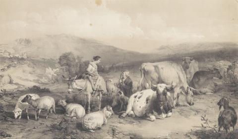 unknown artist Cows, Sheep, and Goats with Shepherd and a Woman on a Mule
