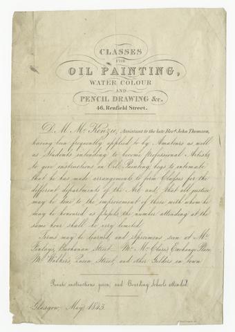 MacKenzie, David Maitland, 1800-1875, author. Classes for oil painting, water colour and pencil drawing, &c., 46, Renfield Street.