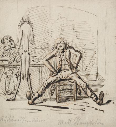 George Shepheard Three Men in a Room: Gilchrist Seated at a Table, Tom Adam standing, Seen from Behind, and Matt Haughton seated Legs Outspread and Arms Akimbo before a Fire