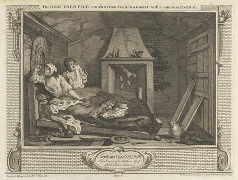 William Hogarth Plate 7, The Idle 'Prentice Returned from Sea and in a Garret with a Common Prostitute