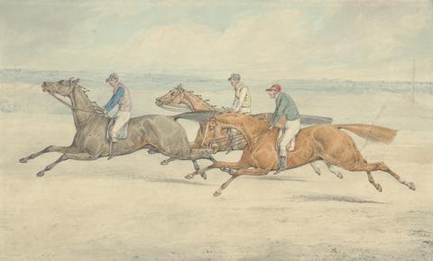 Henry Thomas Alken Three Racehorses with Jockeys Up Galloping in a Group to Left