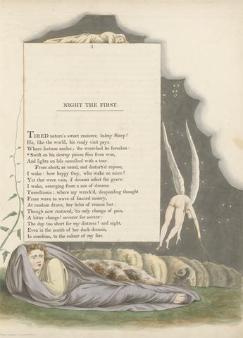 William Blake Young's Night Thoughts, Page 1, "Swift on His Downy Pinion Flies from Woe"