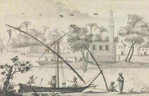 unknown artist Views in the Levant: Three Men in Small Boat Moored to Bank with a View of Buildings on Islands