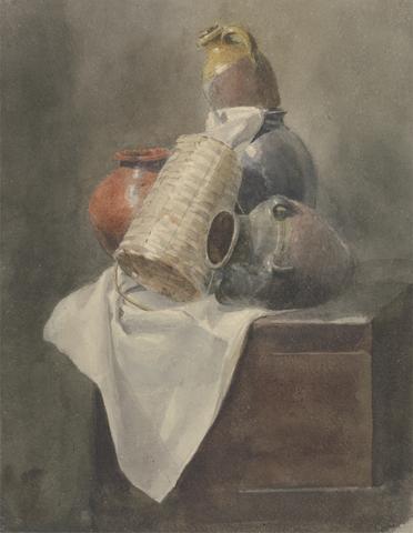 Peter DeWint Still Life: Pots, Basket and Cloth on a Chest