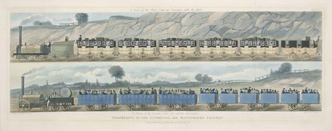 S. G. Hughes Travelling on the Liverpool & Manchester Railway: A Train of the First Class Carrriages, with the Mail and A Train of the Second Class for Outside Passengers, Plate I (one of a pair)