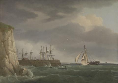 Thomas Whitcombe A Ship Running into Harbour with Other Craft at a Jetty
