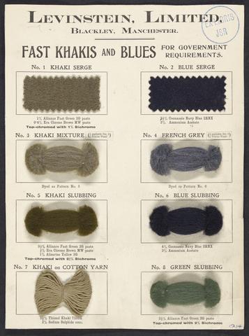 Fast khakis and blues, for government requirements / Levinstein, Limited, Blackley, Manchester.