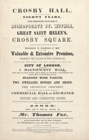 unknown artist Plan and Notice of the Sale of the 80 Year Lease of Crosby Hall 1857