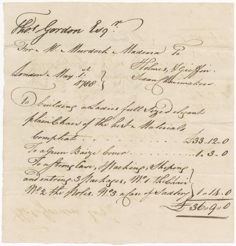 Holmes & Griffin (Firm : London, England) [Bill of receipt for the purchase of a sedan chair by W. Murdoch of Madeira, London, 1788]