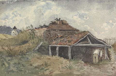 David Charles Read Landscape with two figures beside an old building