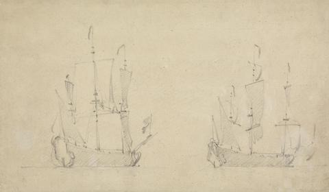 Willem van de Velde the Younger Starboard-quarter view of a Flagship in light airs and similar view of another