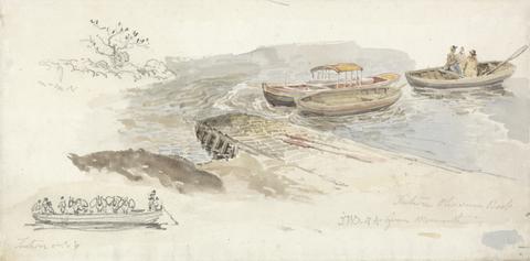 James Ward A Canopied Boat and Two Rowing Boats at a Jetty; Inset Left, a Pencil Study of the Tintern Livestock Ferry-boat