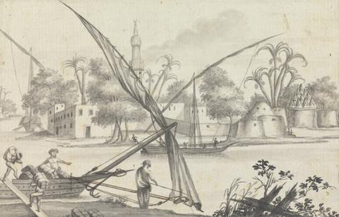 unknown artist Views in the Levant: Men Loading a Small Sailing Boat With a View of Building and Large Moored Boat