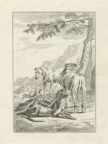 George Bickham Four dogs, a Pl. for 'New Drawing Book...of Beasts in Various Actions' (1 of 9)