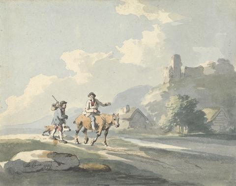 Peter La Cave Composition: two travellers and a dog on a road passing cottages, with ruins on a hill