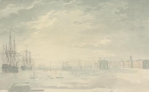 George Bulteel Fisher View of Portsmouth Harbor with Shipping, Showing Buildings on Shore