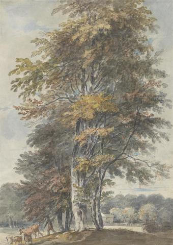 Paul Sandby RA Landscape with beech trees and man driving cattle and sheep
