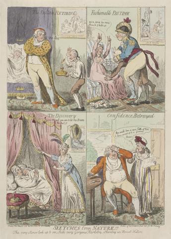 Isaac Cruikshank Sketches from Nature!!! ___ The Sultan Retiring ___Fashionable Pasttime ___ The Discovery____Confidence Betrayed