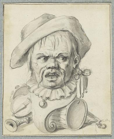 Head of Grotesque Man Surrounded by Musical Instruments