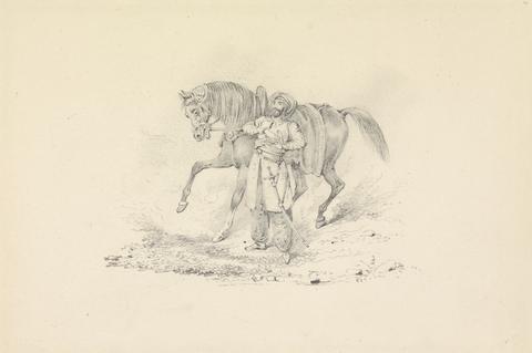 Henry Thomas Alken Turbaned Cavalryman Standing Beside a Horse