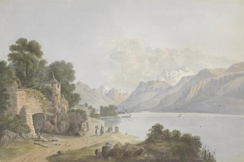 Isaac Weld Mountainous Landscape with Lake, Gate and Figures