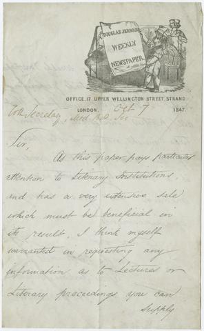 Letter to the Secretary of the Medico-Botanical Society (?) requesting information on lectures or literary proceedings, Oct. 7, 1847.
