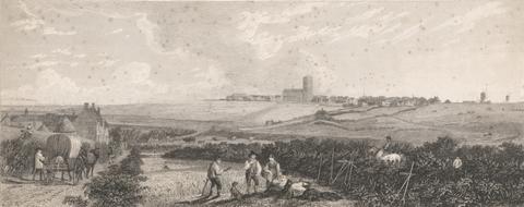 unknown artist Rural Scene with reapers, horses and cart in forground, and a city by the sea in the background.