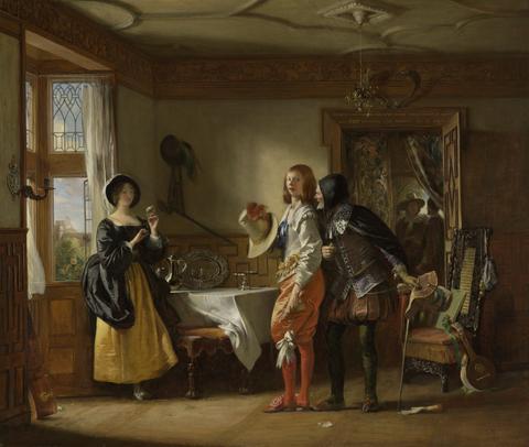 Charles Robert Leslie Slender, with the Assistance of Shallow, Courting Anne Page, from "The Merry Wives of Windsor," Act III, Scene iv