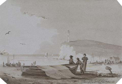 James Pattison Cockburn Coastal scene with Figures, Boats, Lighthouse, etc.