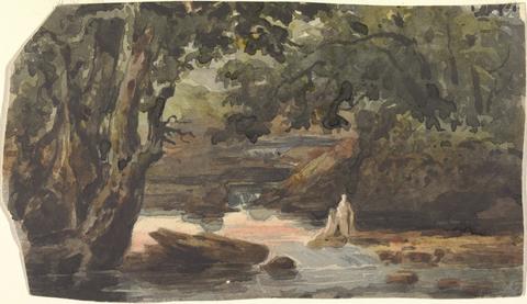 Thomas Sully Two Figures in Stream, Bordered by Large Trees