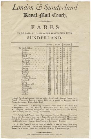 London & Sunderland royal mail coach : fares to be paid by passengers travelling from Sunderland.