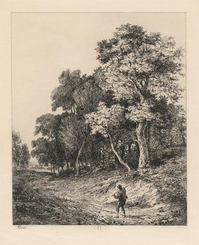 Landscape with Men Carrying Stick Across Shoulder (formerly Group of Trees with a Figure in the Roadway)