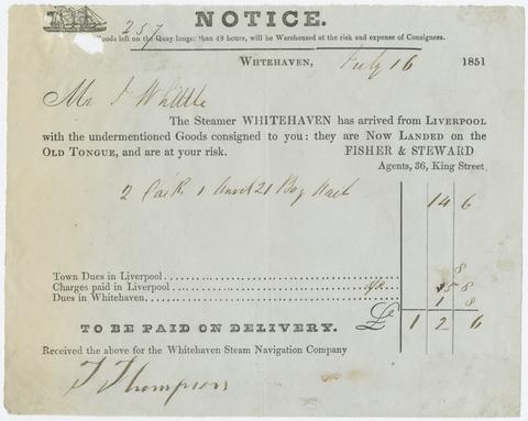 Billhead of Whitehead Steam Navigation Company for Mr. L Whittle for goods that have been delivered.