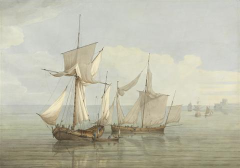 John Thomas Serres A Hoy and a Lugger with other Shipping on a Calm Sea
