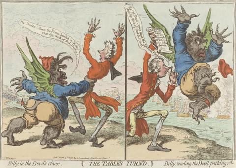 James Gillray The Table's Turn'd. Billy, in the Devil's Claws. - Billy, Sending the Devil Packing
