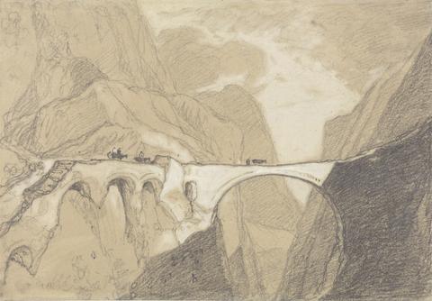 John Sell Cotman Travellers Crossing a Bridge over an Alpine Gorge