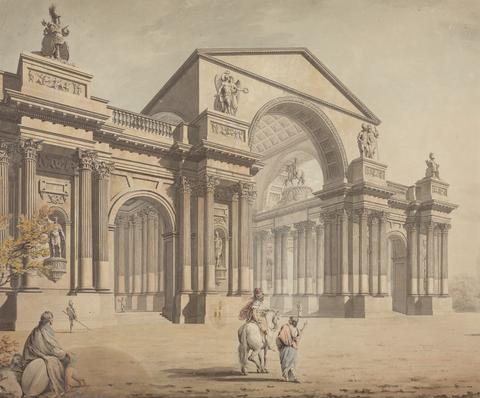 James Gray Mayhew A Project for a Triumphal Archway with Classical Figures in Foreground (a fragment of this depicting two horsemen is mounted separately)