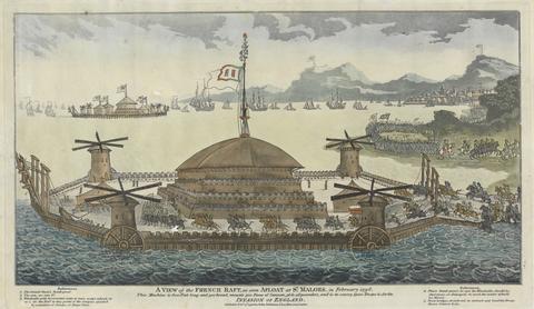 unknown artist A View of the French Raft, as seen Afloat at St. Maloes, in February 1798. The machine is 600 Feet long and 300 broad, mounts 500 pieces of Cannon, 36 &48 pounders, and is to convey 15,000 Troops & for the Invasion of England.