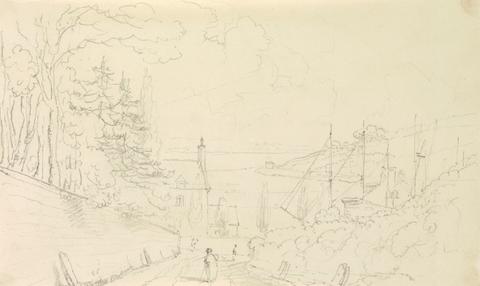 Capt. Thomas Hastings Sketch of a Road Descending to the Shore with Docked Ships