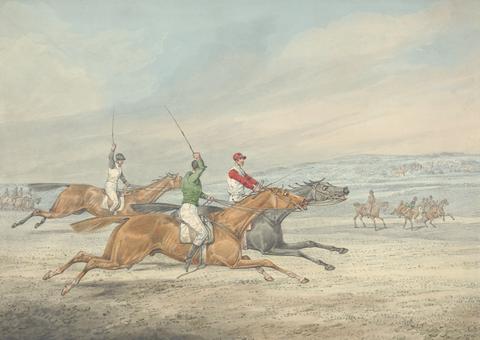 Henry Thomas Alken Steeplechasing: Three Riders Galloping to Right, Mounted Spectators in Background