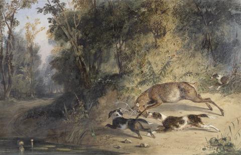 Newton Limbird Smith Fielding Deerhound and Bitch Cornering a Stag at the Edge of a Woodland Pool