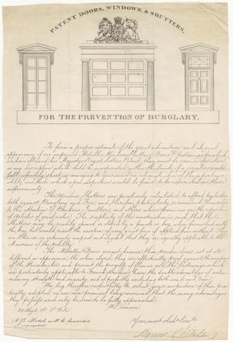  [Advertisement for patent doors, windows, & shutters for the prevention of burglary]
