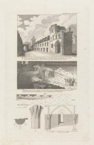 James Basire The North-East View of the Old Dormitory, in 1758; North-East View of the Remains of Part of the Crypt of the Old Dormitory, discovered in 1815; Plans and Elevations of the Remains